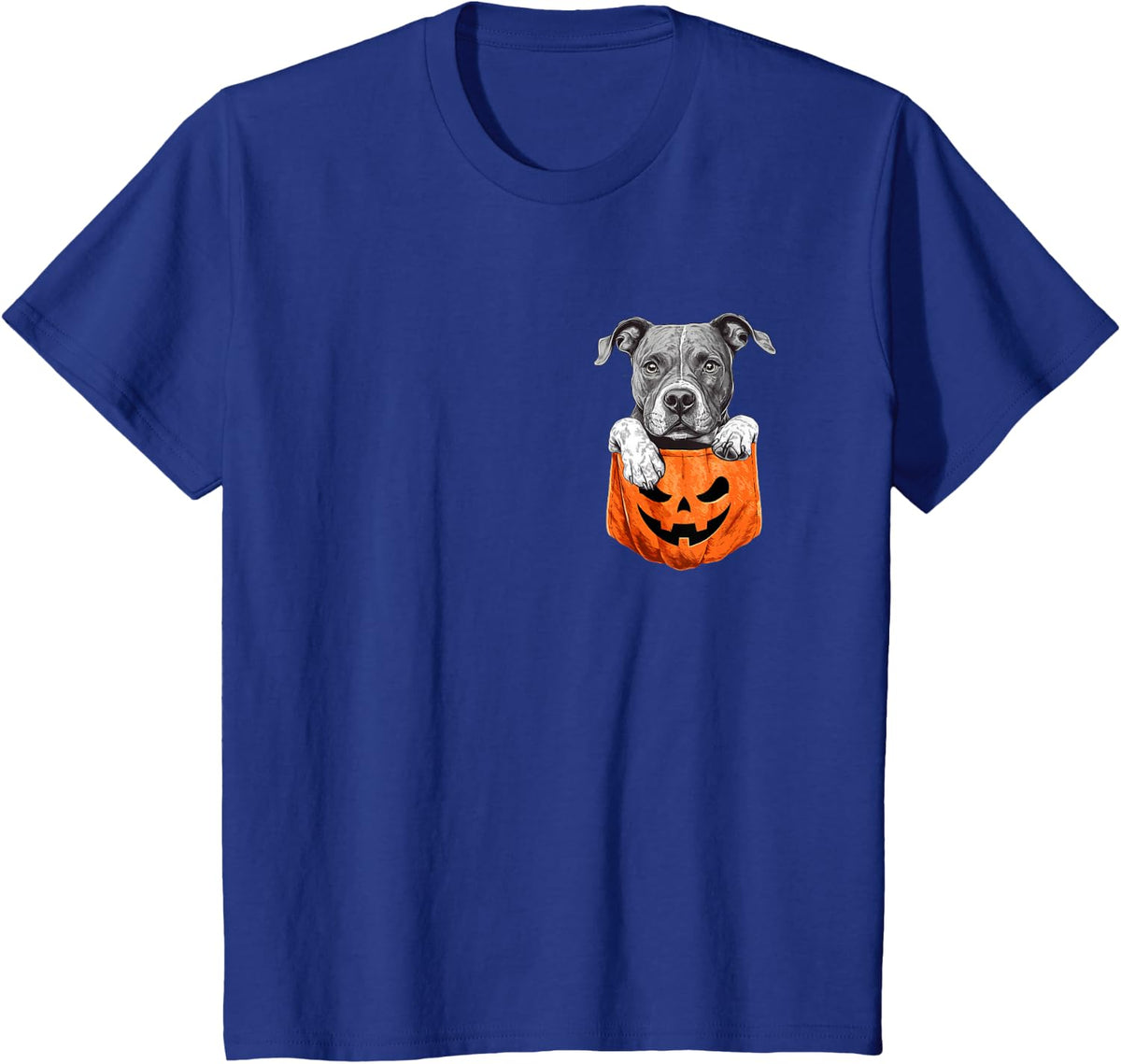 Cute Pitbull Dog Pocket Halloween Pumpkin T-Shirt - Royal Blue