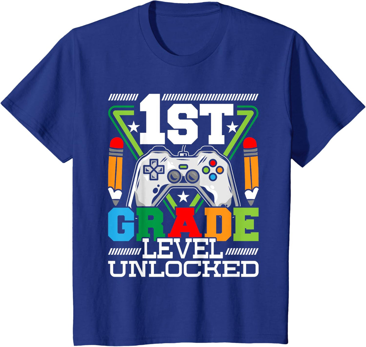 Kids 1st Grade Level Unlocked - First Day of School Video Game T-Shirt - Royal Blue