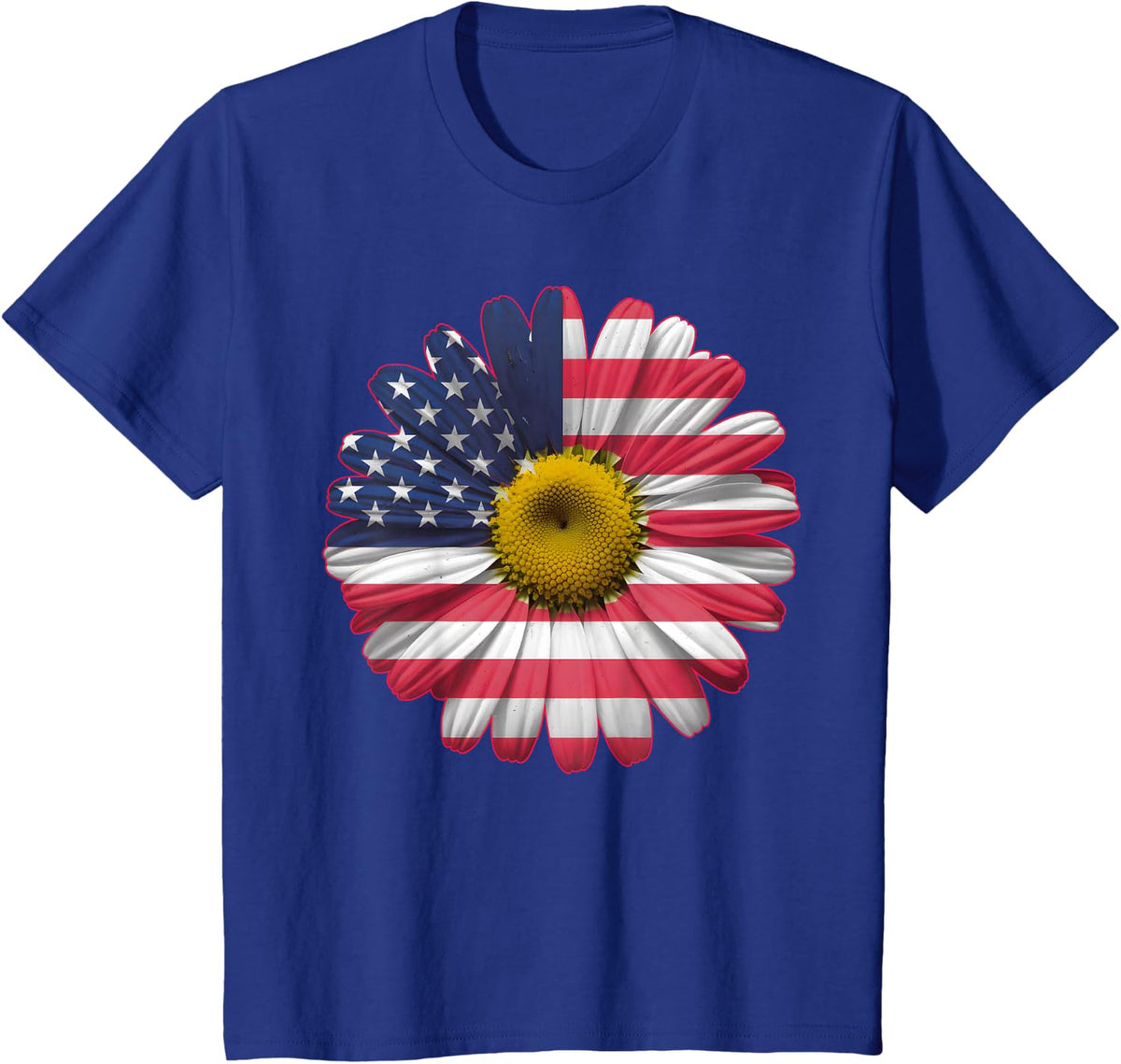 Womens Casual Flower American Flag Stars and Stripes Graphic T-Shirt - Royal Blue
