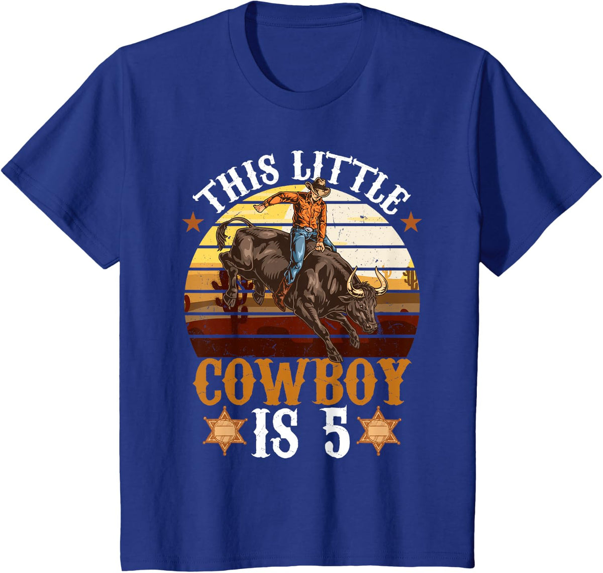 Bull Riding 5th Birthday 5 Years Old Cowboy Western Rodeo T-Shirt Tee for Boys Girls - Royal Blue