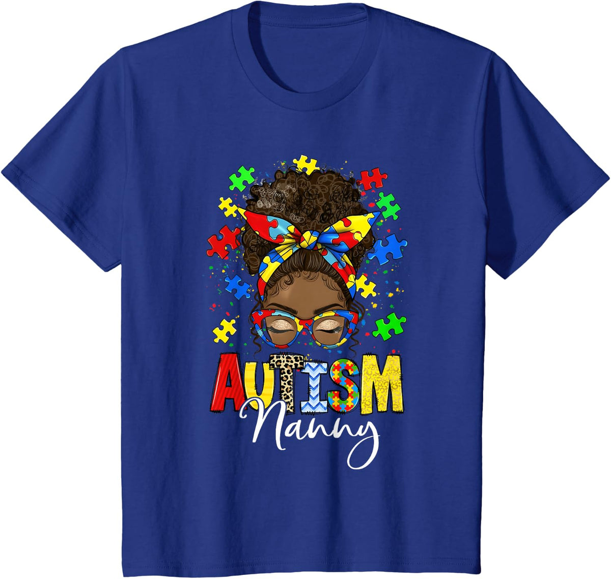 Autism Awareness Support Nanny Afro Messy Bun Black Women T-Shirt - Royal Blue