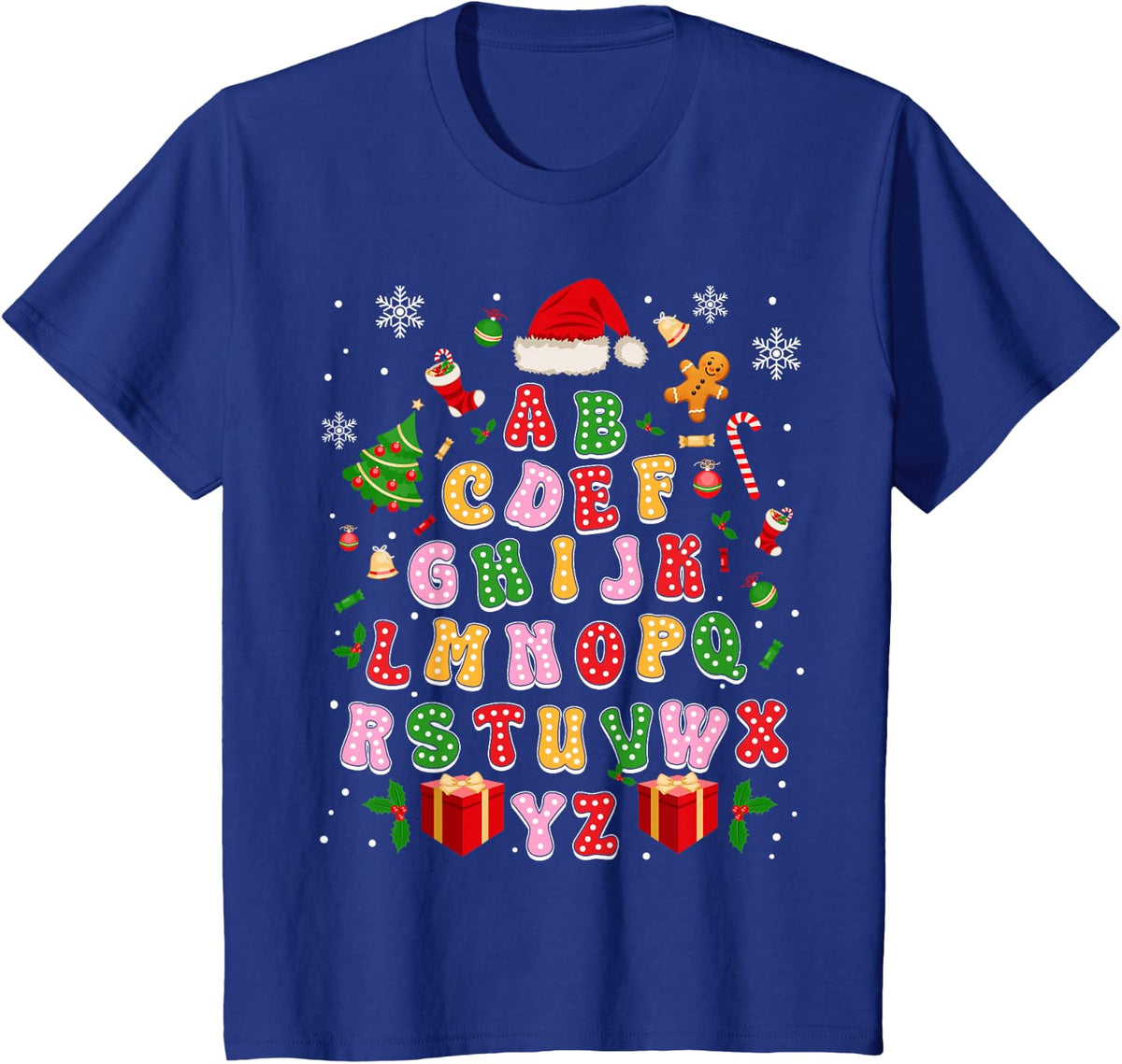 Teacher Christmas Alphabet Back to School Holiday Learning T-Shirt - Royal Blue