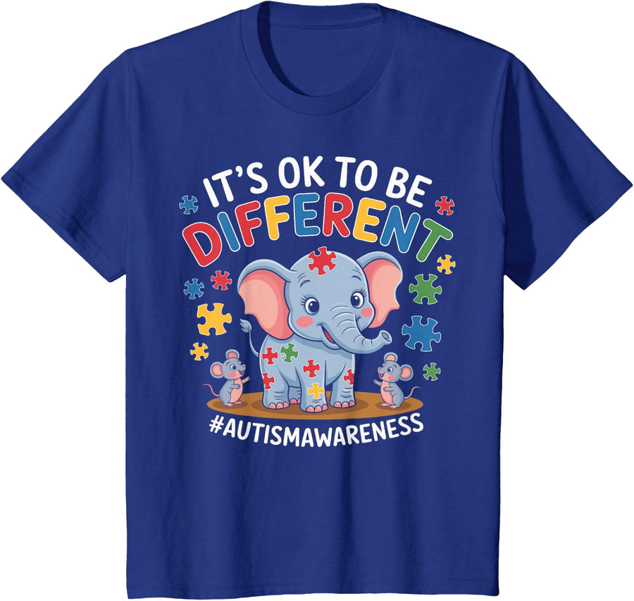 Kids It's OK to Be Different Autism Awareness Elephant T-Shirt - Royal Blue