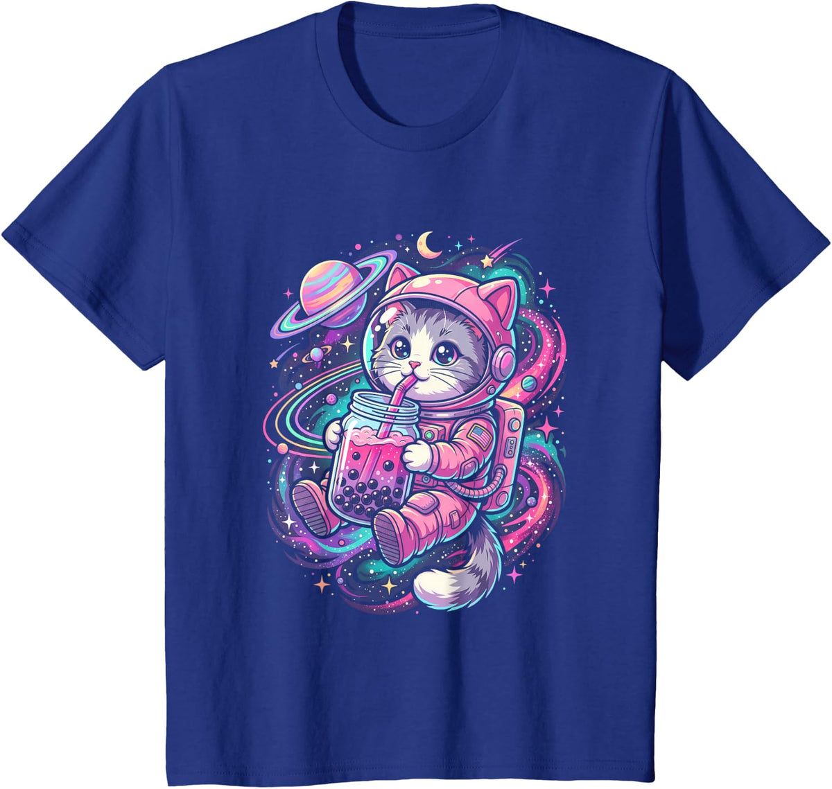 Astronaut Cat Drinking Boba Tea Galaxy Space Anime Kitten T-Shirt - Royal Blue