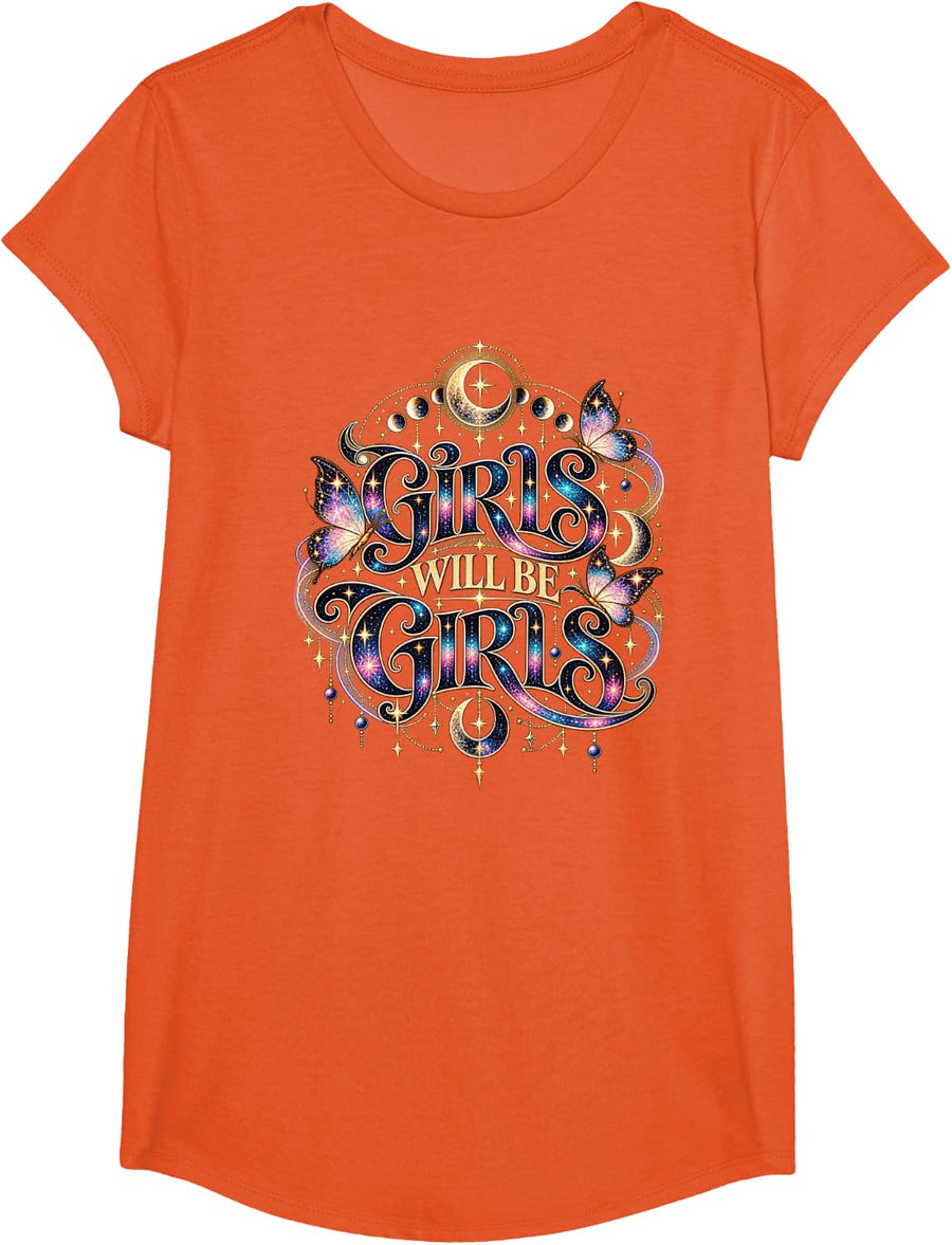Girls Will Be Girls Moon Stars Butterflies T-Shirt - Girls Orange