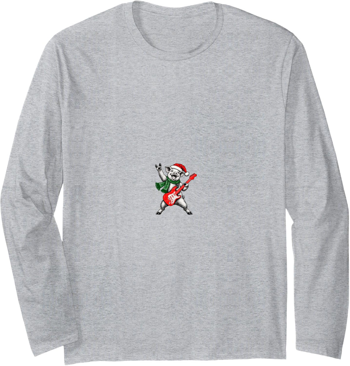 Vintage Pig Rock Playing Guitar Funny Christmas Long Sleeve T-Shirt - Adult Unisex Heather Grey