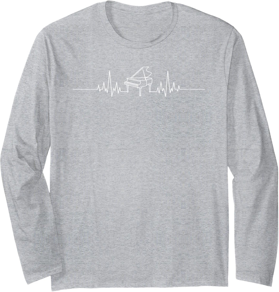 Grand Piano Pianist Heartbeat Musician Music Keyboard Long Sleeve T-Shirt - Adult Unisex Heather Grey