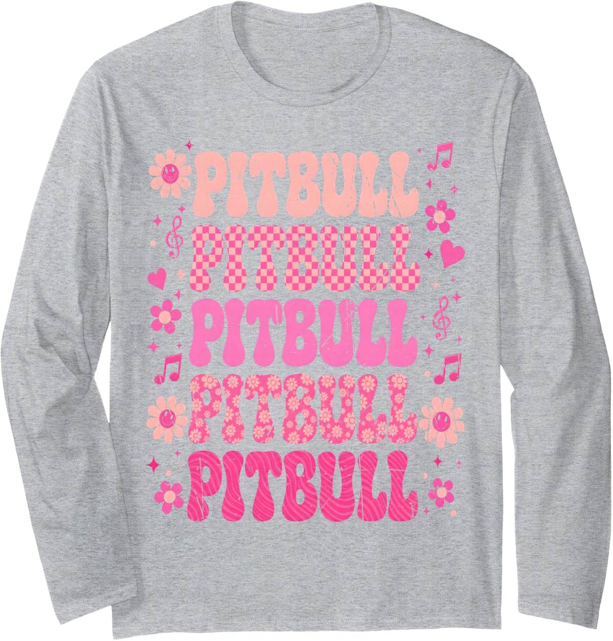Pitbull Checkered I Love Pitbull 80's Groovy Vintage Long Sleeve T-Shirt - Adult Unisex Heather Grey