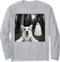 Spooky Corgi Selfie with Ghost Halloween Dog Long Sleeve T-Shirt - Adult Unisex Heather Grey