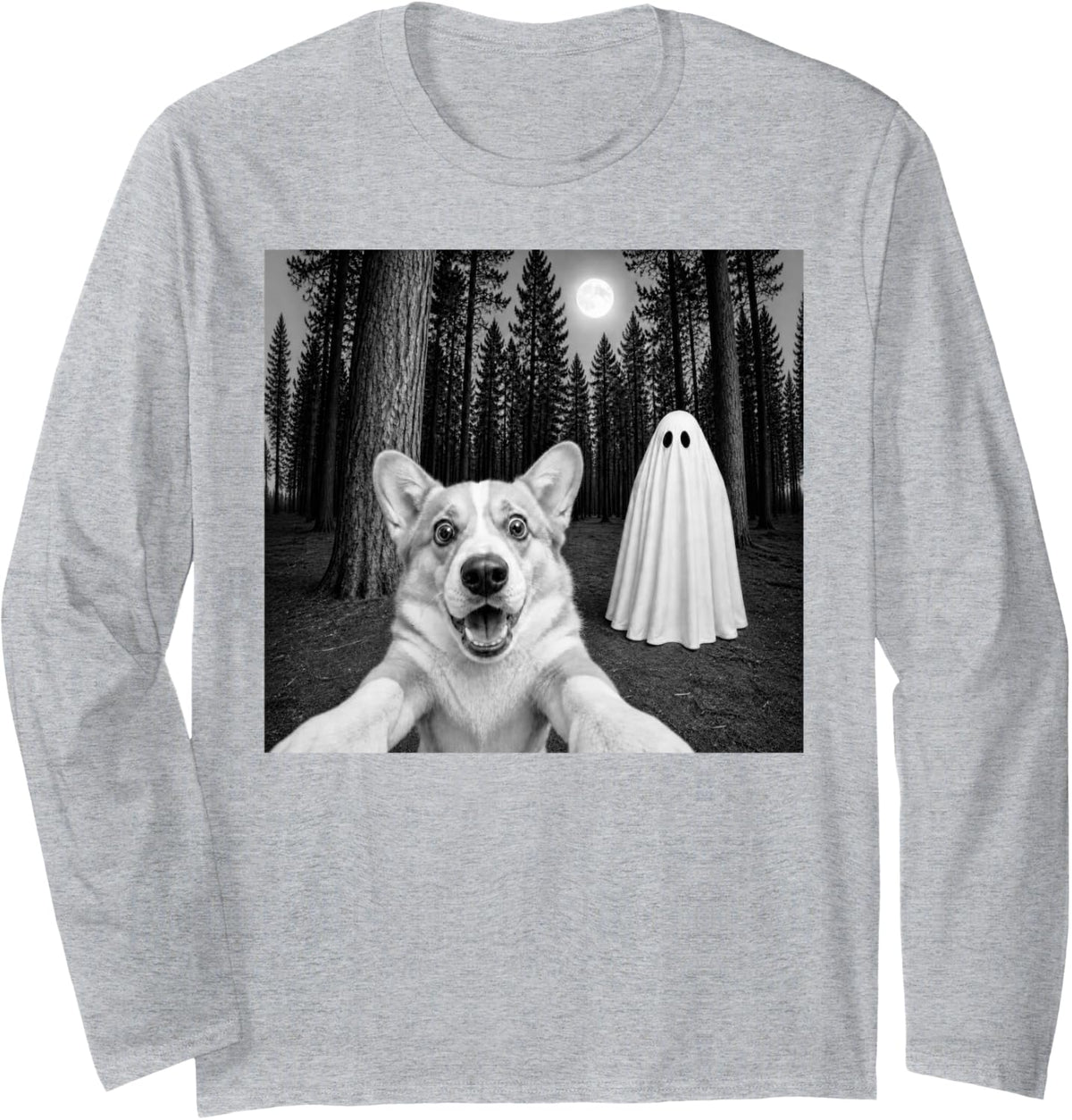 Spooky Corgi Selfie with Ghost Halloween Dog Long Sleeve T-Shirt - Adult Unisex Heather Grey