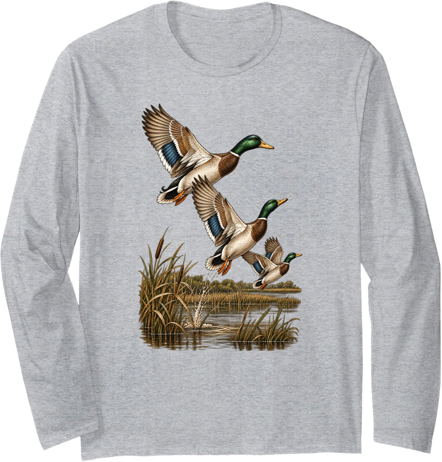 Mallard Duck Hunting Waterfowl Marsh Flying Birds Long Sleeve T-Shirt - Adult Unisex Heather Grey