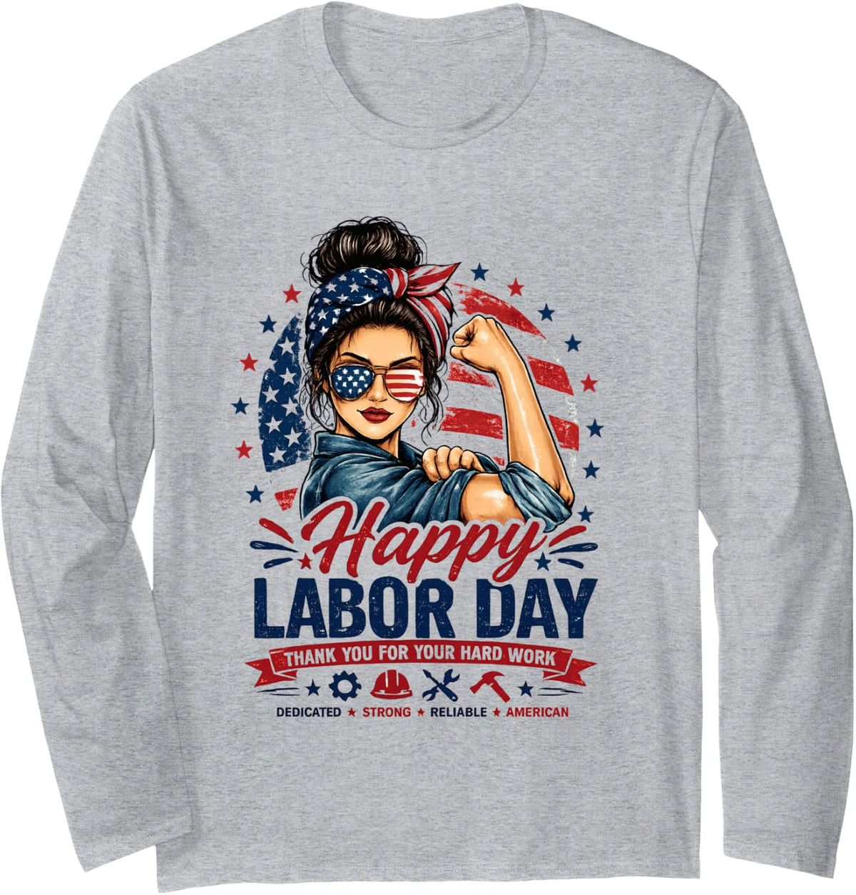Patriotic Labor Day Woman Graphic Tee - American Pride Long Sleeve T-Shirt - Adult Unisex Heather Grey