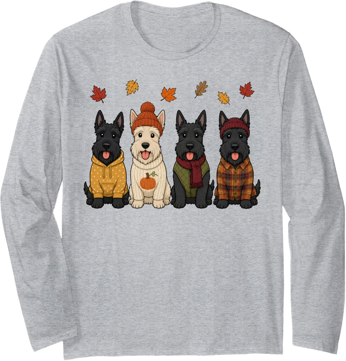 Scottish Terrier Fall Autumn Season Pumpkin Scottie Dog Long Sleeve T-Shirt - Adult Unisex Heather Grey