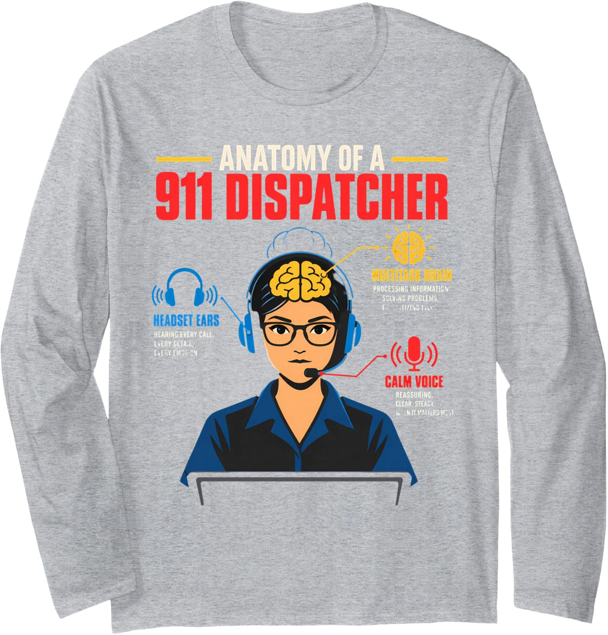 Anatomy of a 911 Dispatcher Public Safety Long Sleeve T-Shirt - Adult Unisex Heather Grey