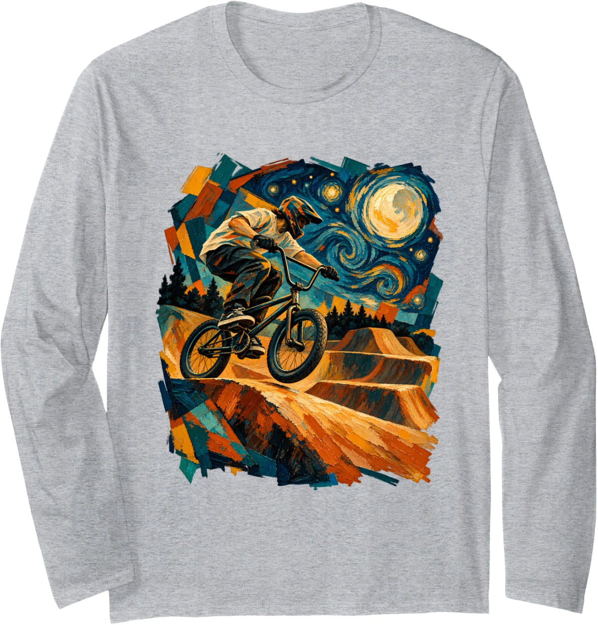 Starry Night BMX Dirt Jump Rider Freestyle Bike Tricks Long Sleeve T-Shirt - Adult Unisex Heather Grey