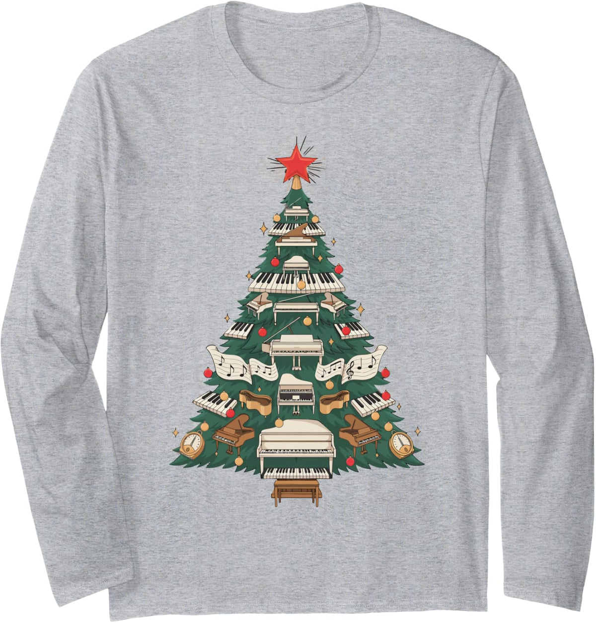 Pianist Christmas Tree Long Sleeve T-Shirt - Adult Unisex Heather Grey