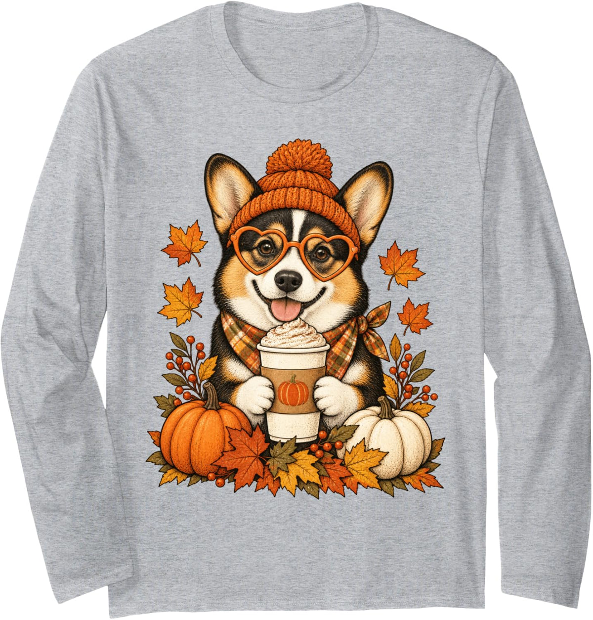Tri Color Corgi Fall Autumn Season Pumpkin Spice Dog Long Sleeve T-Shirt - Adult Unisex Heather Grey