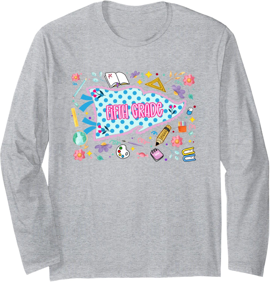 Striped Floral Pennant Flag Back to School Fifth 5th Grade Long Sleeve T-Shirt - Adult Unisex Heather Grey