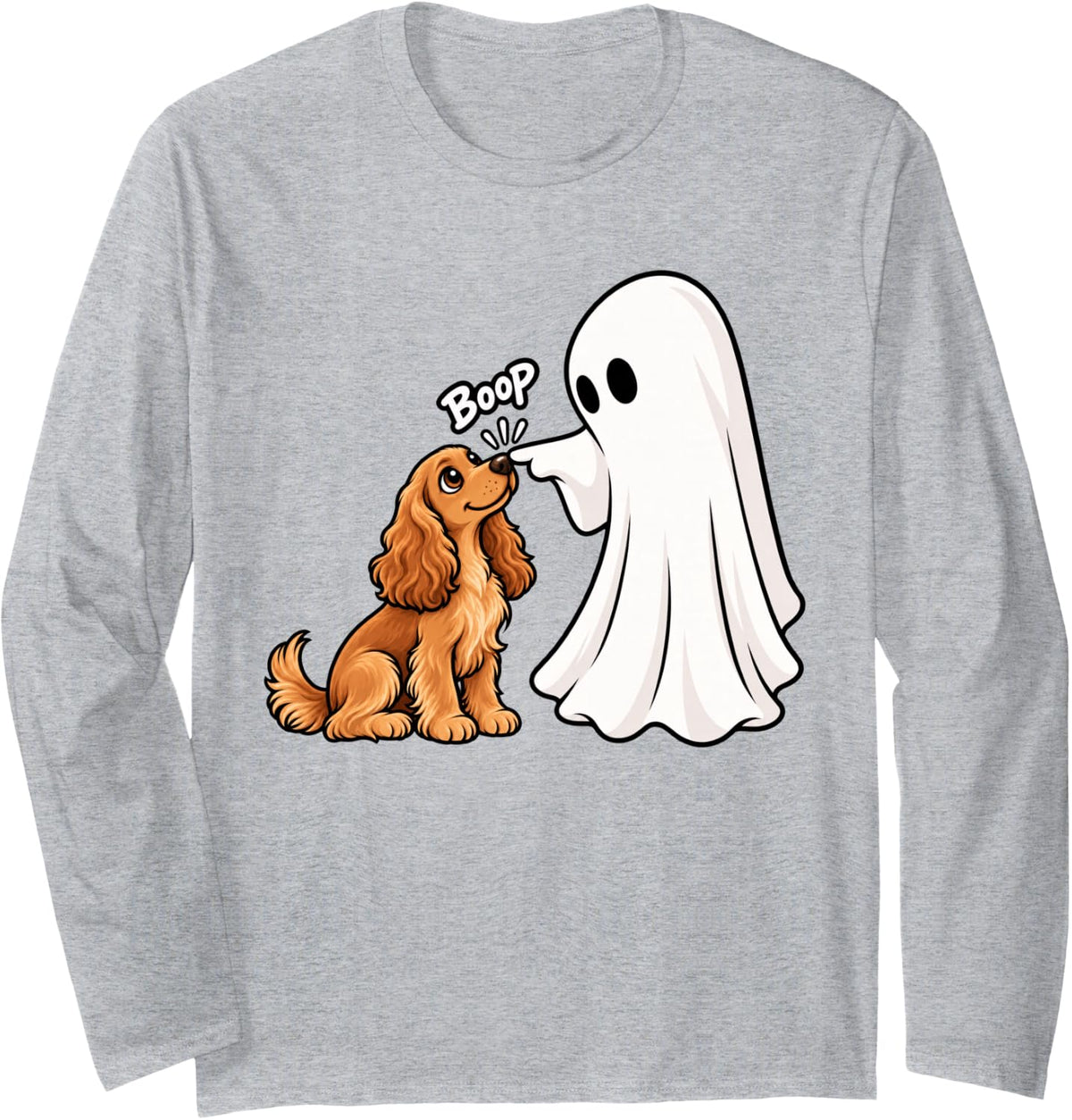 Funny Ghost English Cocker Spaniel Boop Halloween Dog Lover Long Sleeve T-Shirt - Adult Unisex Heather Grey