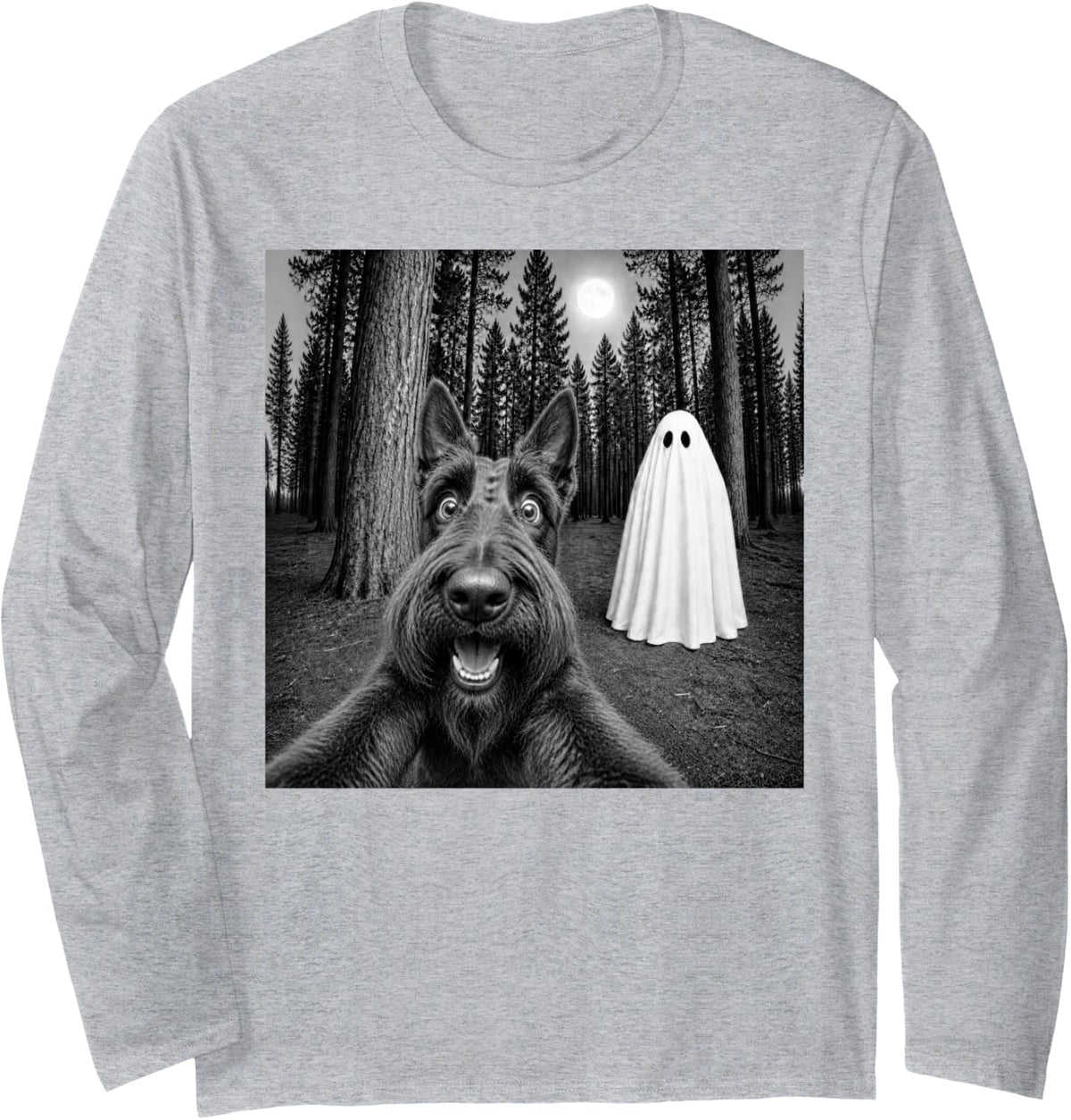 Spooky Scottish Terrier Selfie Ghost Halloween Scottie Dog Long Sleeve T-Shirt - Adult Unisex Heather Grey