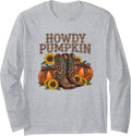 Howdy Pumpkin Shirt Fall Western Cowgirl Boots Sunflower Long Sleeve T-Shirt - Adult Unisex Heather Grey