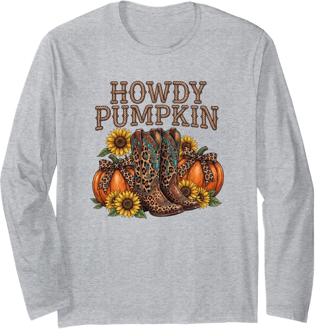 Howdy Pumpkin Shirt Fall Western Cowgirl Boots Sunflower Long Sleeve T-Shirt - Adult Unisex Heather Grey