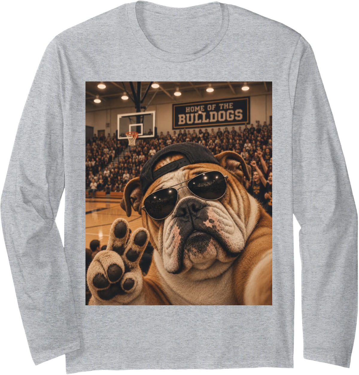 Bulldog Selfie Funny Basketball Vintage Game Day Cool Mascot Long Sleeve T-Shirt - Adult Unisex Heather Grey