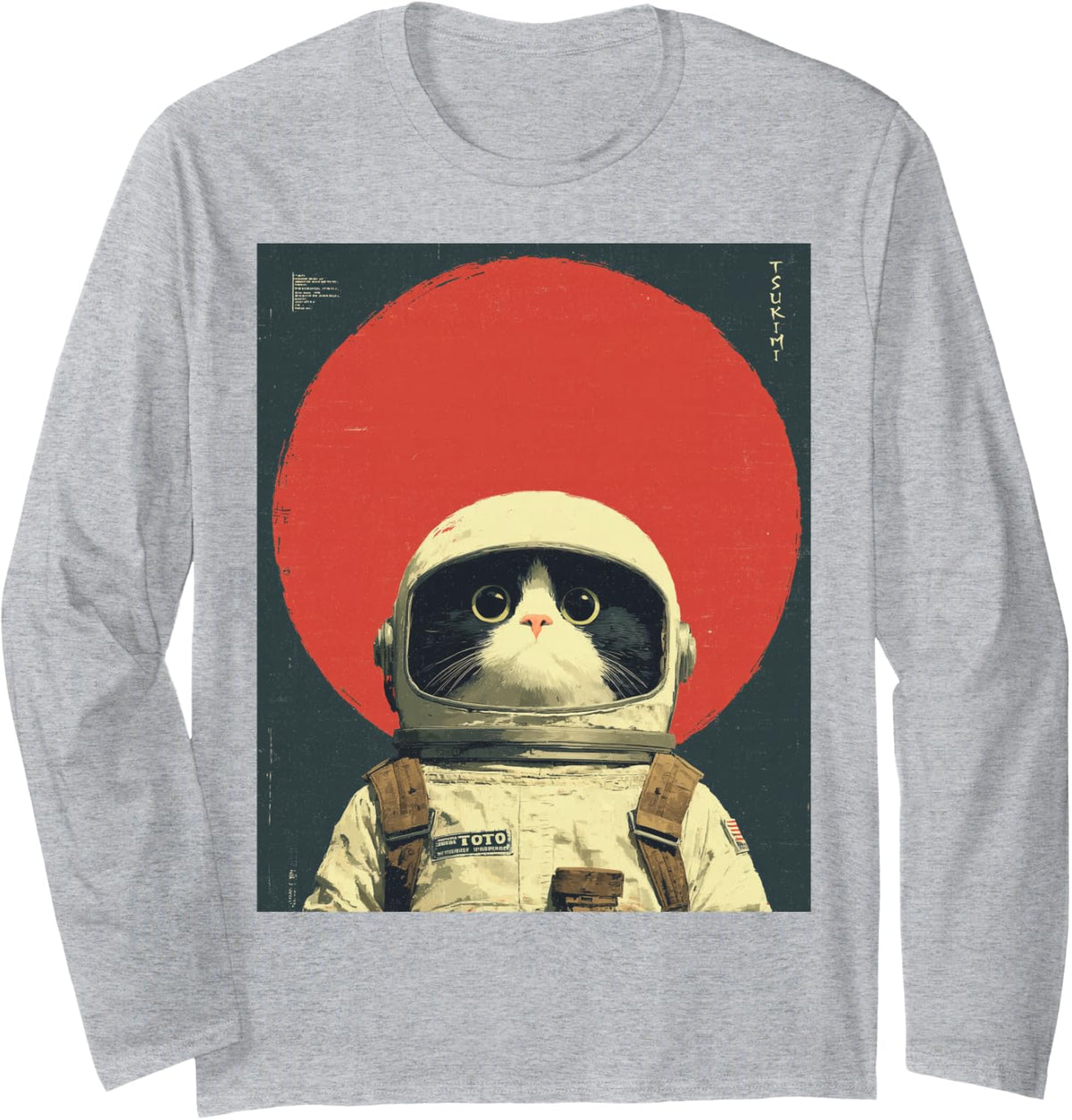 Japanese Retro Space Cat Lovers Luck Good Kanji Astronaut Long Sleeve T-Shirt - Adult Unisex Heather Grey
