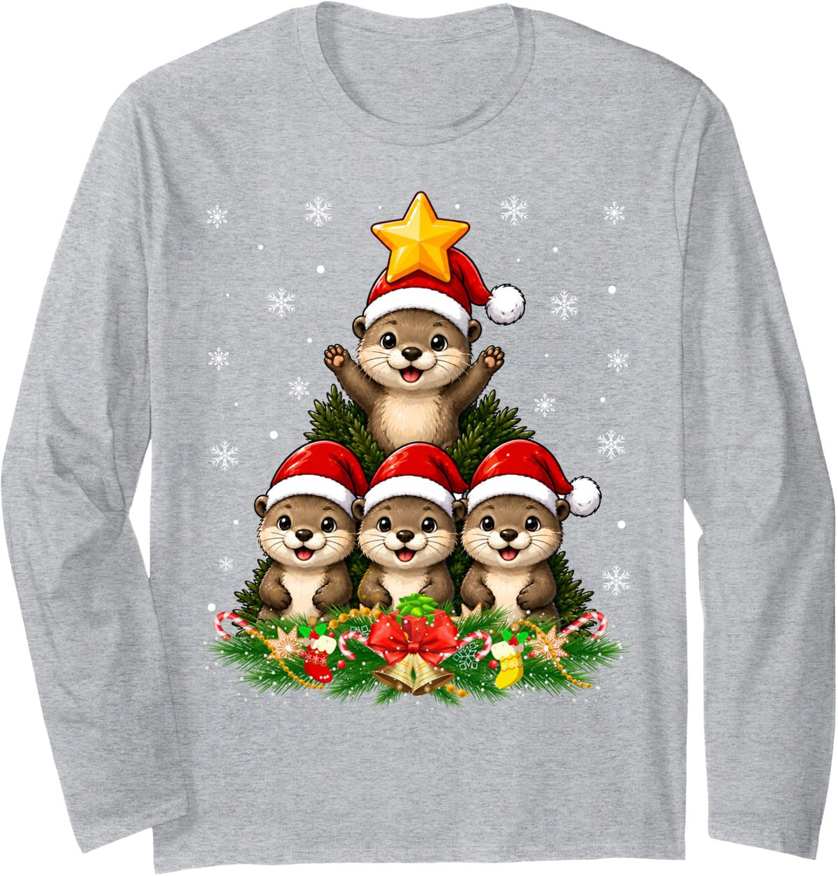 Otter Christmas Tree Cute Animal Festive Otter Xmas Long Sleeve T-Shirt - Adult Unisex Heather Grey