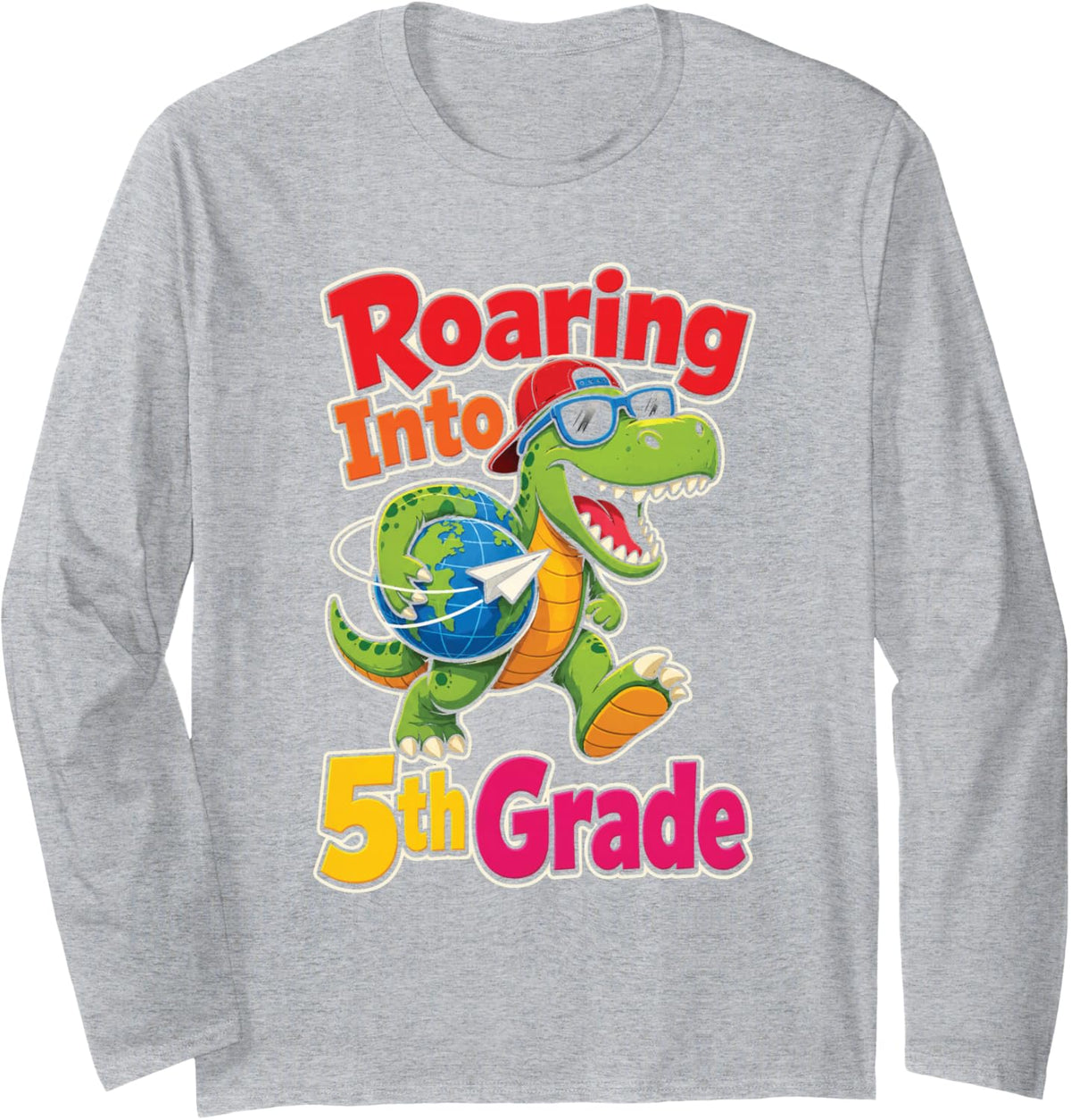 Fifth Grade Dinosaur Roaring Into 5th Grade Long Sleeve T-Shirt - Adult Unisex Heather Grey