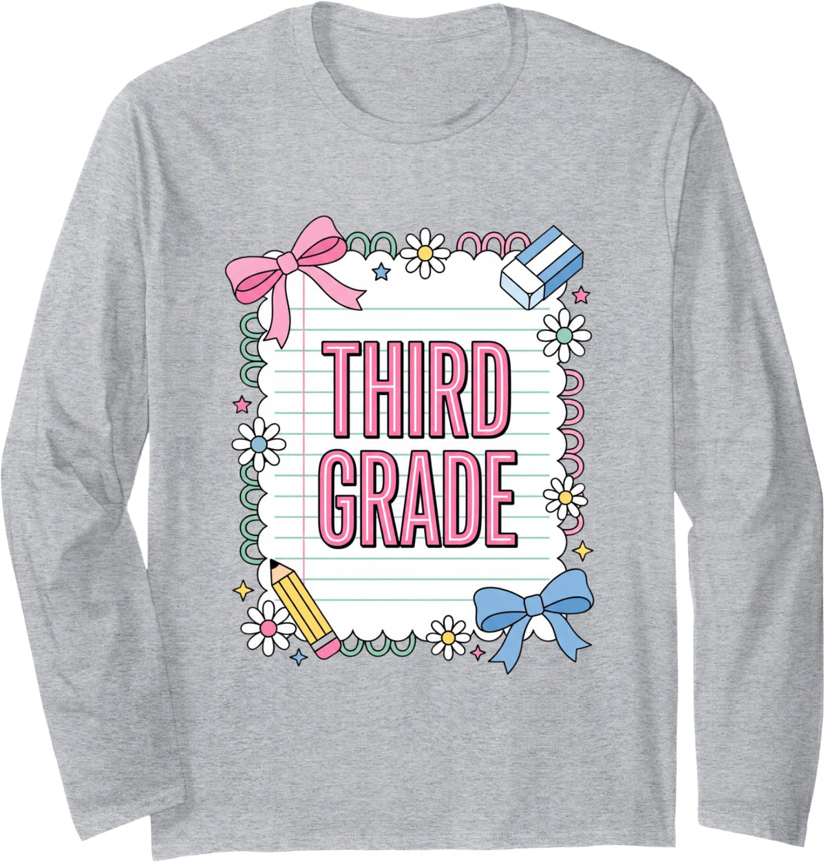 Third Grade Back to School Girls Cute Bow Daisy Student Long Sleeve T-Shirt - Adult Unisex Heather Grey