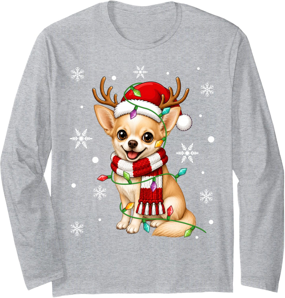 Chihuahua Dog Christmas Lights Santa Hat Scarf Xmas Long Sleeve T-Shirt - Adult Unisex Heather Grey
