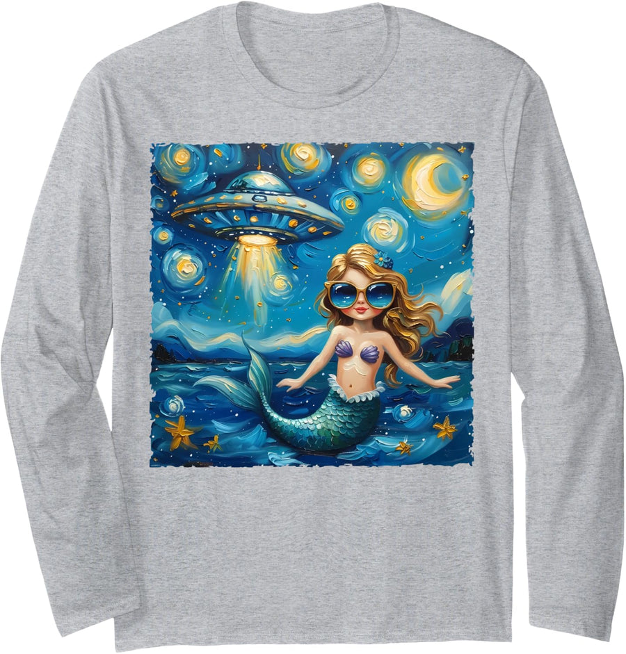 Mermaid Selfie Van Gogh Style Starry Night Alien UFO Sci-Fi Long Sleeve T-Shirt - Adult Unisex Heather Grey
