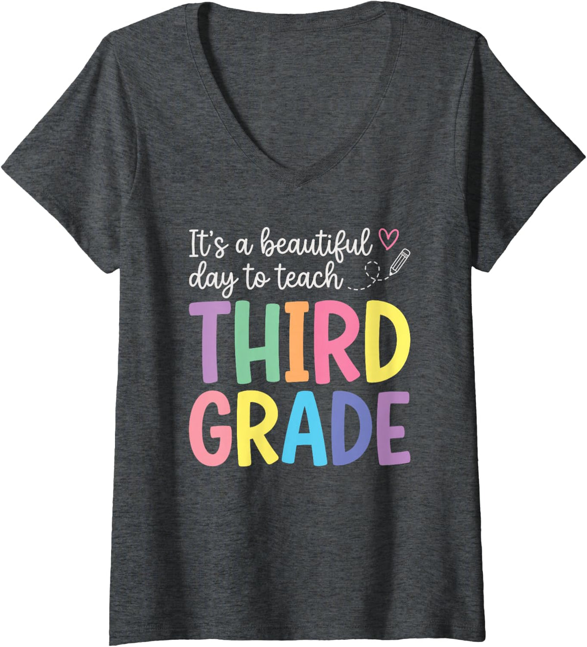 Women's Beautiful Day to Teach Third Grade Teacher V-Neck T-Shirt - Dark Heather Grey