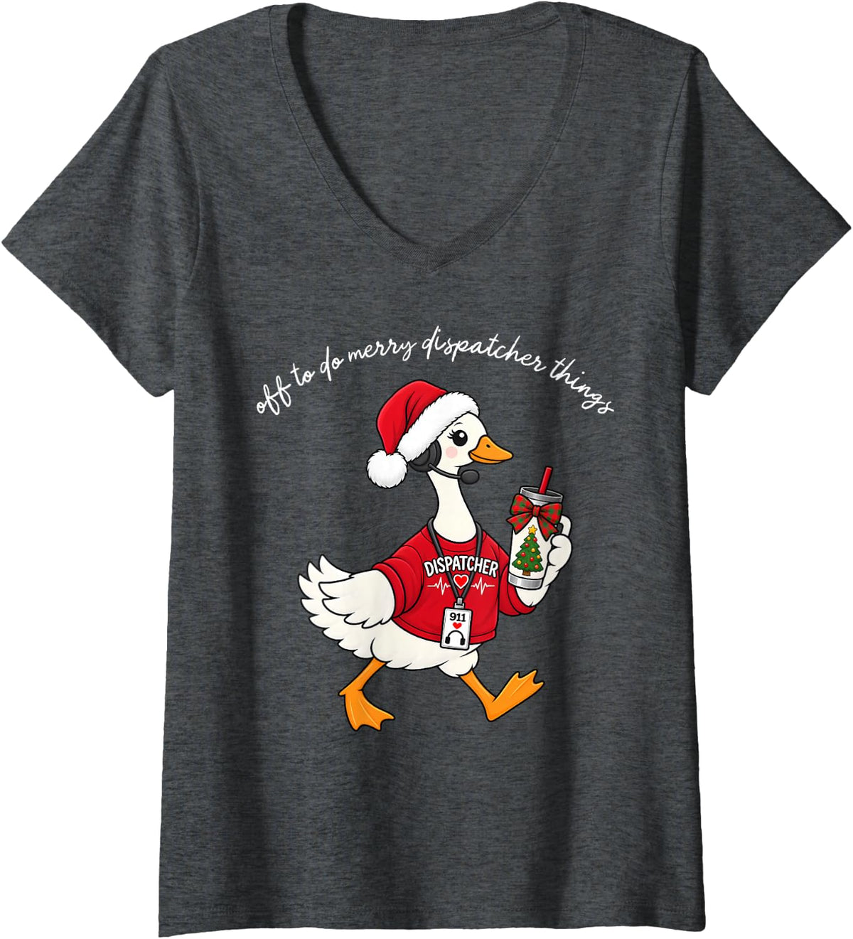 Women's Off to Do Merry 911 Dispatchers Thing Dispatch Team Xmas V-Neck T-Shirt - Dark Heather Grey