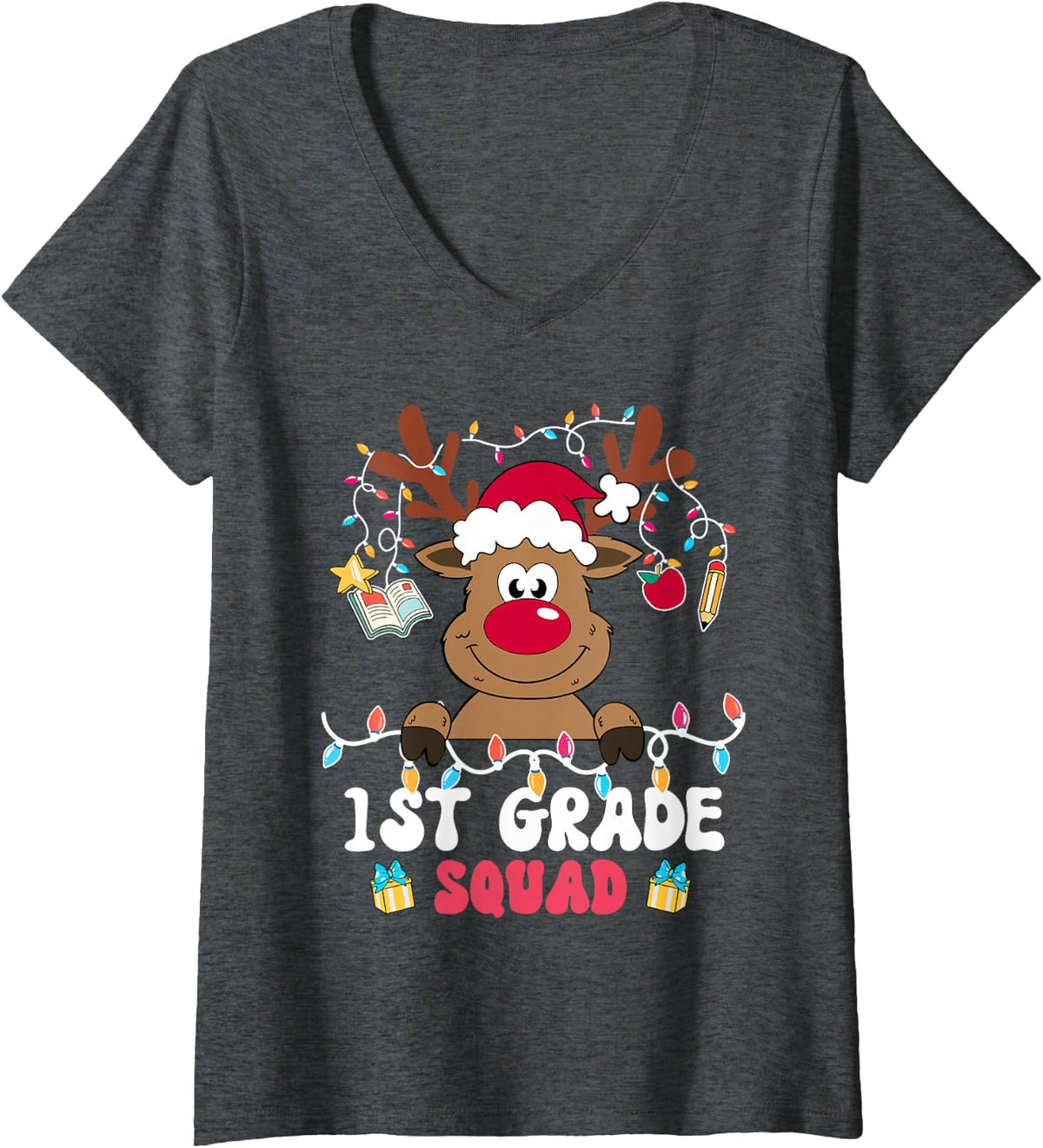 Women's 1st Grade Squad Reindeer Christmas First Grade Teacher Xmas V-Neck T-Shirt - Dark Heather Grey