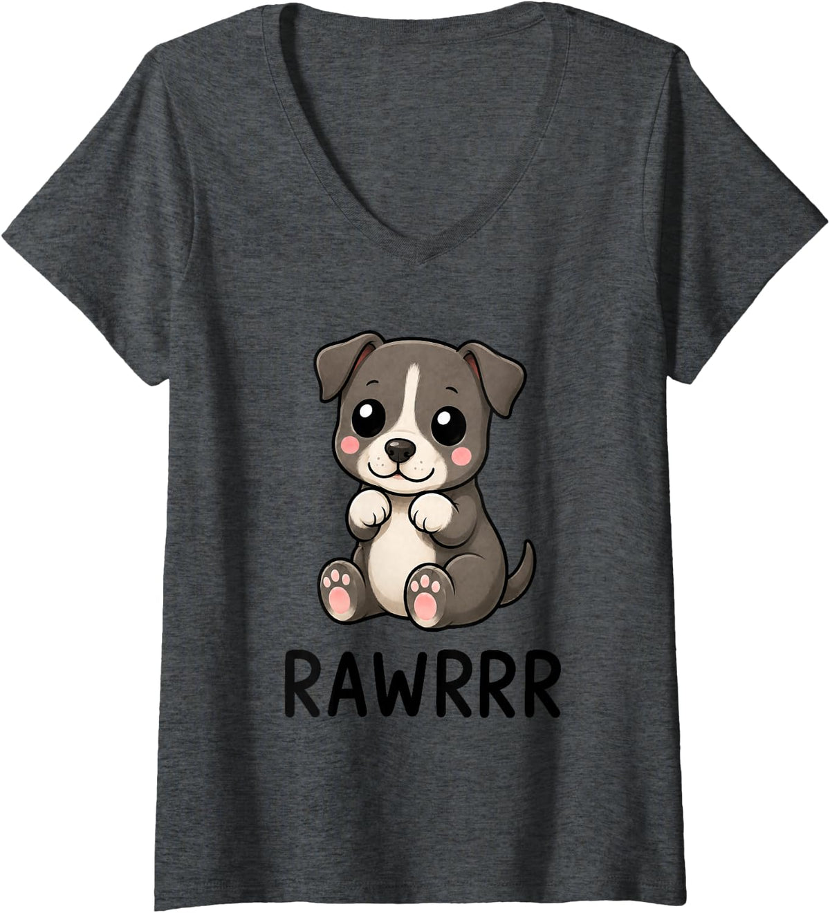 Women's Cute Pitbull Dog Comic Cartoon Design V-Neck T-Shirt - Dark Heather Grey