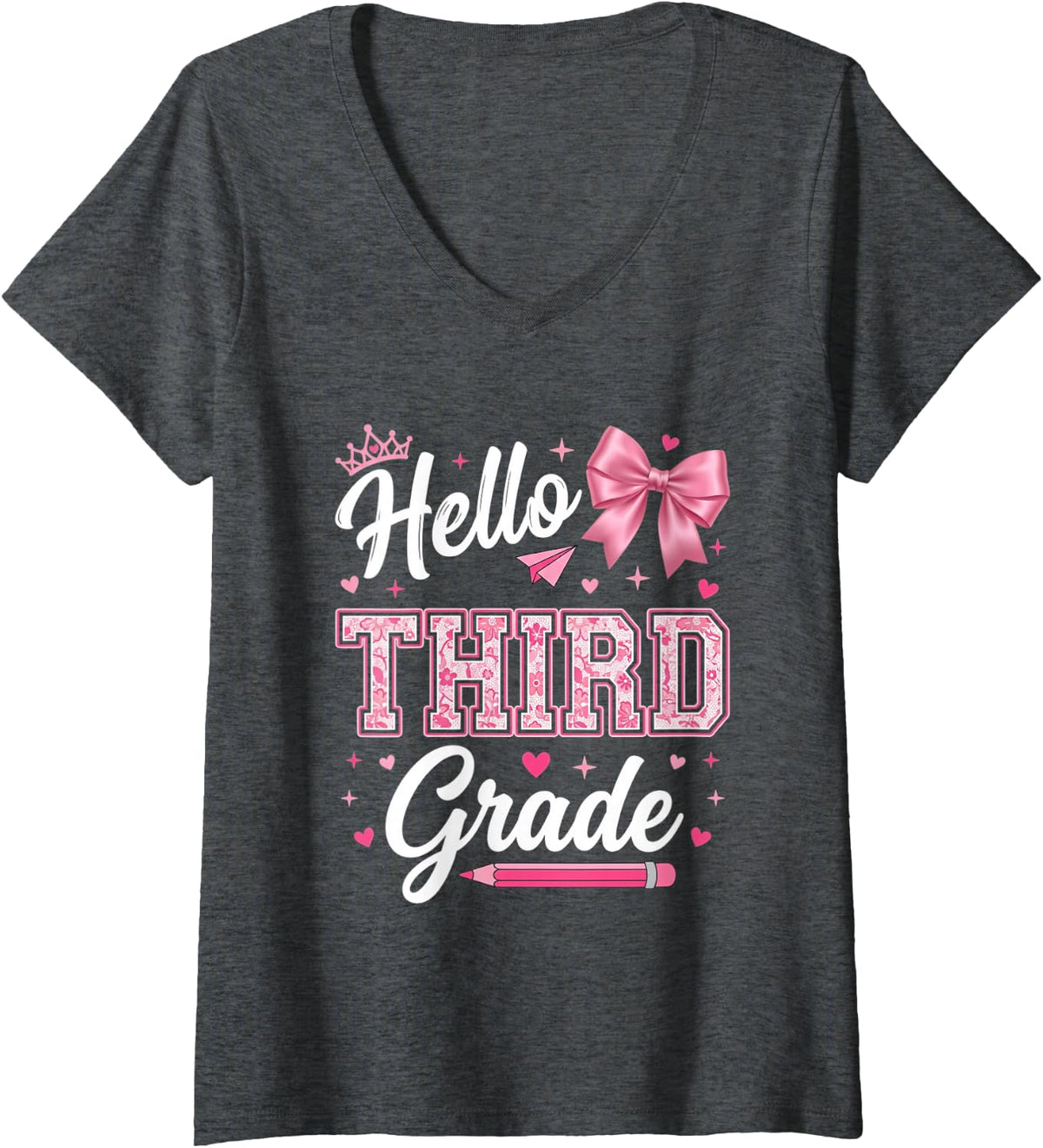 Women's Hello Third Grade Back to School Bow V-Neck T-Shirt - Dark Heather Grey