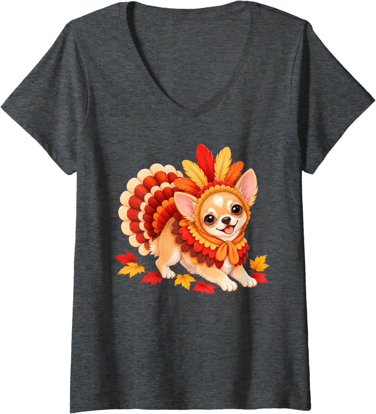 Women's Funny Chihuahua Dog Turkey Autumn Fall Happy Thanksgiving V-Neck T-Shirt - Dark Heather Grey