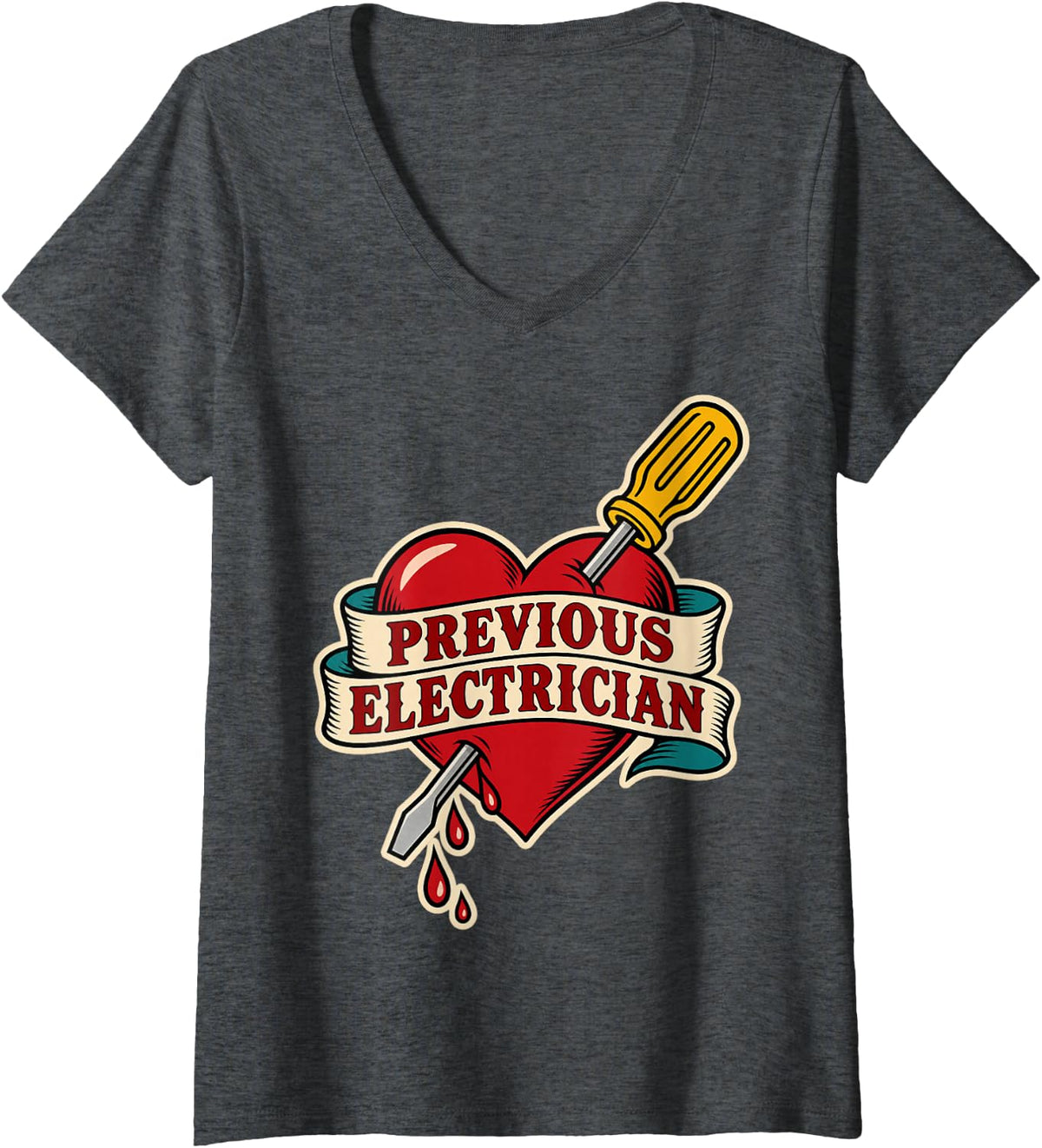 Women's Previous Electrician Funny Electrician Old School Tattoo V-Neck T-Shirt - Dark Heather Grey