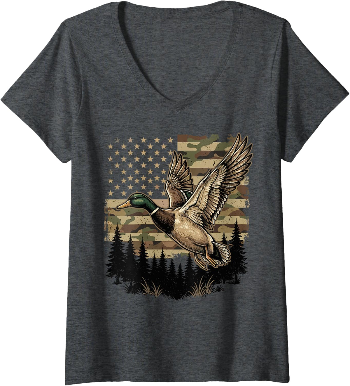 Women's Duck US Flag Forest America Forest V-Neck T-Shirt - Dark Heather Grey