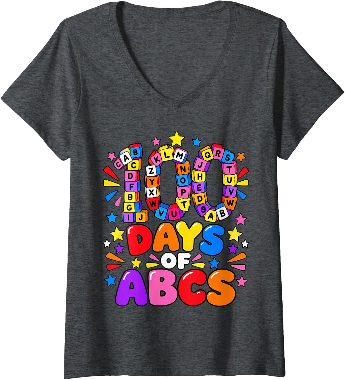 Women's 100 Days of ABCs Alphabet Kids Teacher School V-Neck T-Shirt - Dark Heather Grey