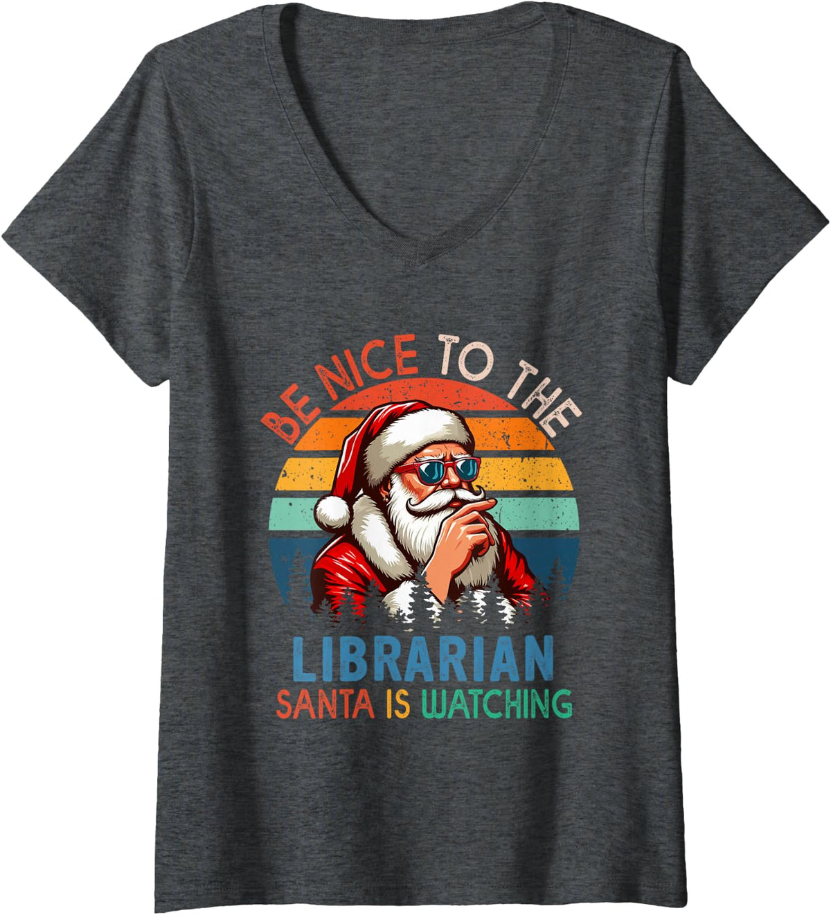 Women's Vintage Nice to The Librarian Santa is Watching Xmas Job V-Neck T-Shirt - Dark Heather Grey