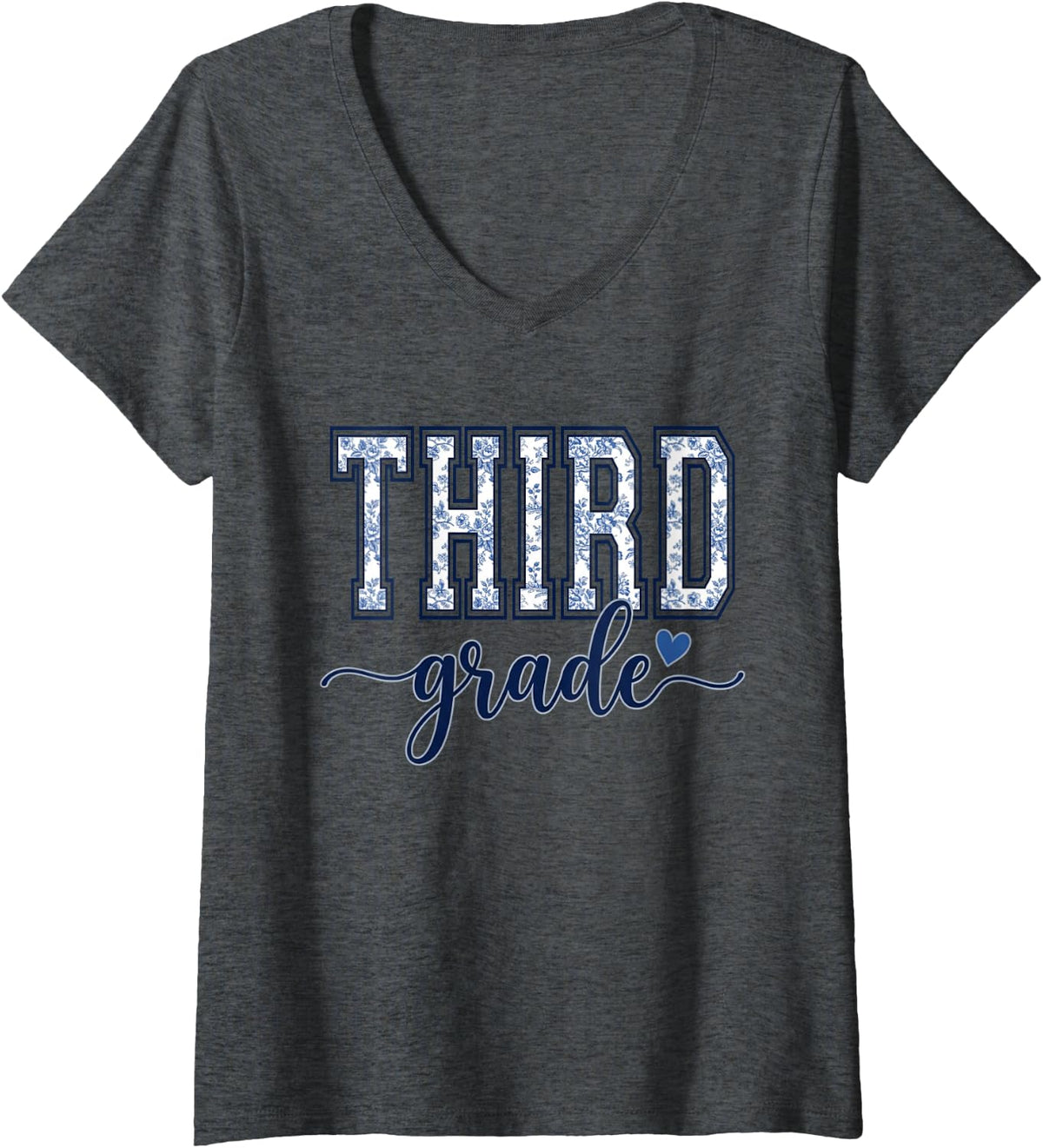 Women's Floral Third Grade Girls Back to School Student Teacher V-Neck T-Shirt - Dark Heather Grey