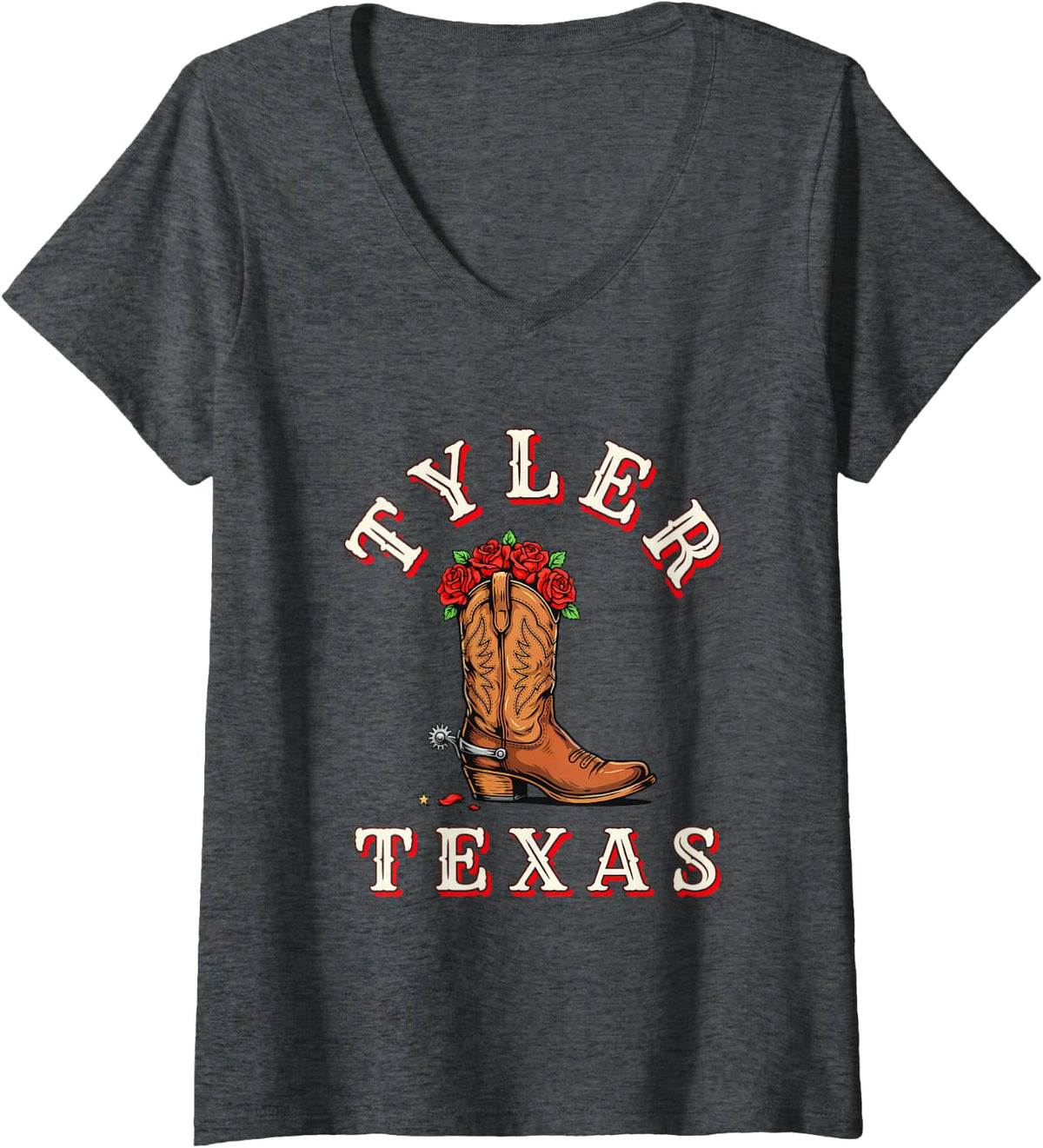 Women's Tyler Texas Cowboy Boot Red Roses Western Rodeo Souvenir V-Neck T-Shirt - Dark Heather Grey
