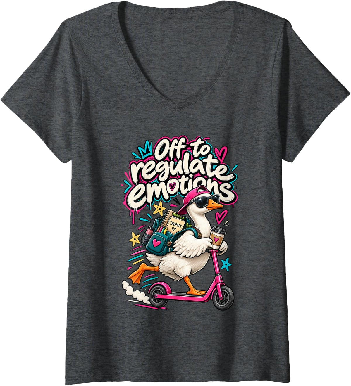 Women's Funny Goose Scooter Off to Regulate Emotions Mental Health V-Neck T-Shirt - Dark Heather Grey