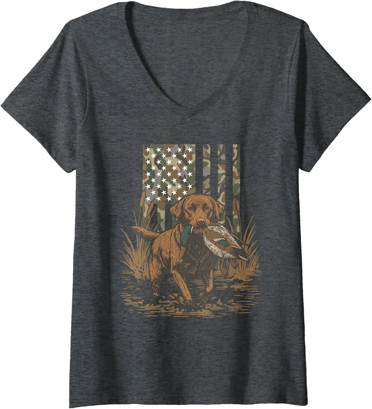Women's Southern Duck Hunting Dog Lab Mallard Camo American Flag V-Neck T-Shirt - Dark Heather Grey