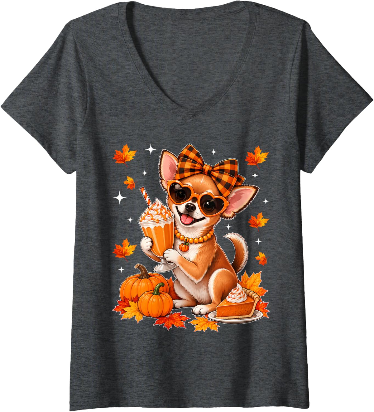 Women's Chihuahua Dog Pumpkin Spice Latte Fall Autumn Thanksgiving V-Neck T-Shirt - Dark Heather Grey