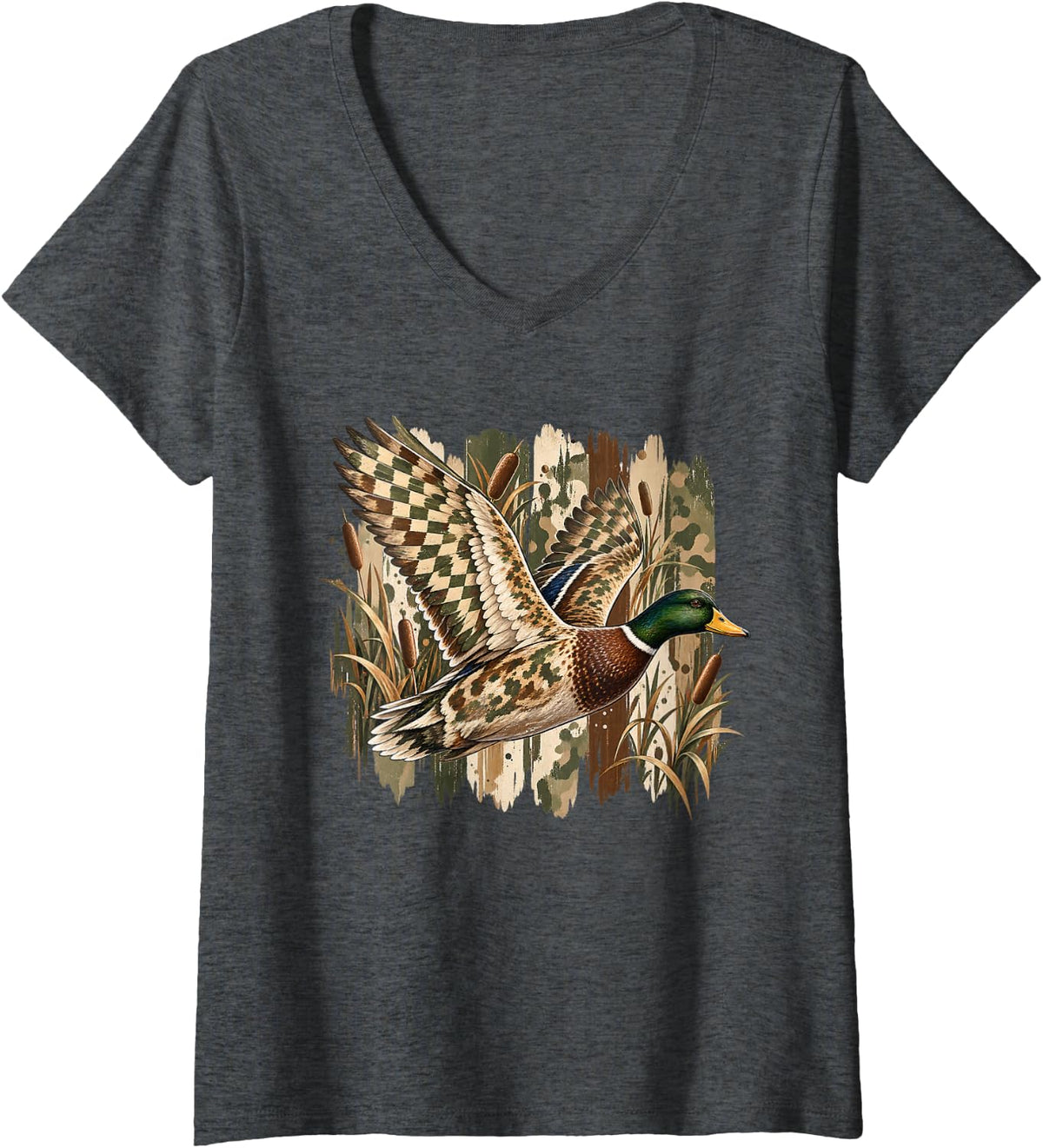 Women's Mallard Duck Hunting Camo Waterfowl Boys Men Camouflage V-Neck T-Shirt - Dark Heather Grey