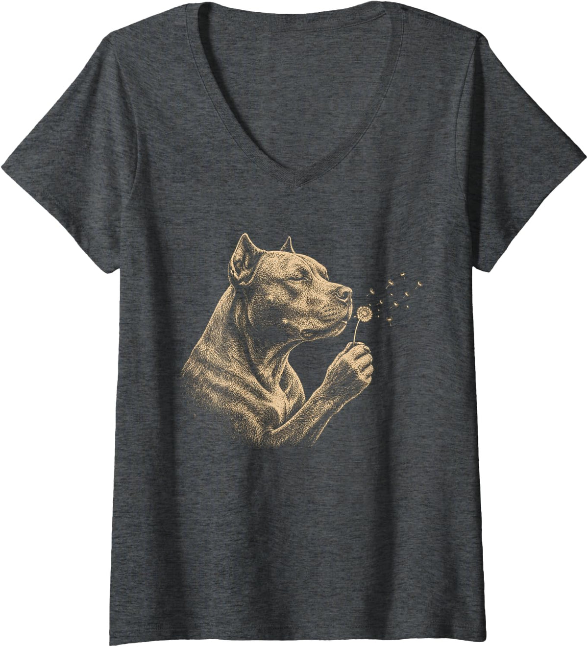 Women's Pitbull Blowing Wishes Dandelion Vintage Dog Windflower V-Neck T-Shirt - Dark Heather Grey